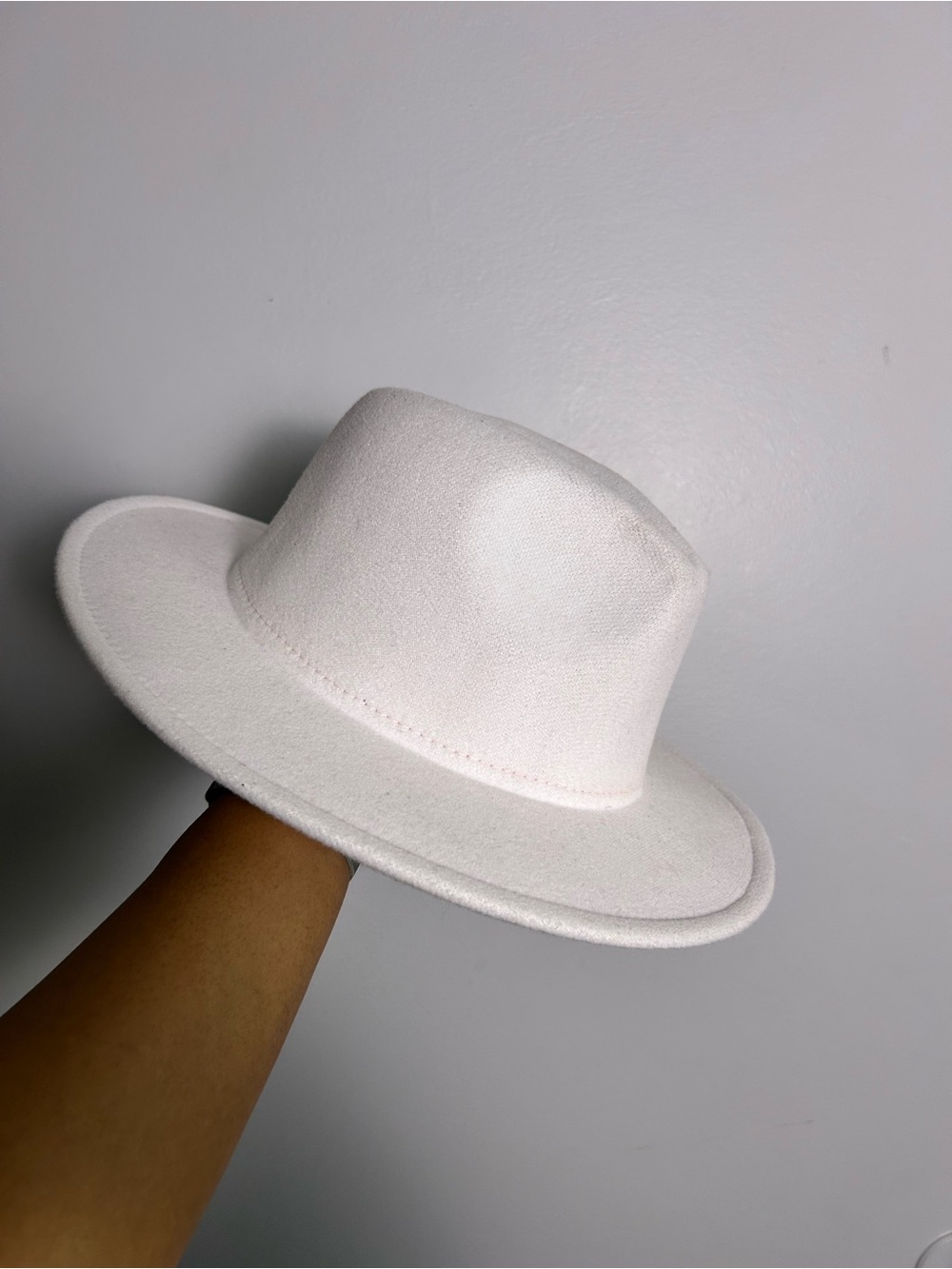 White Felt Fedora Hat with Red Interior